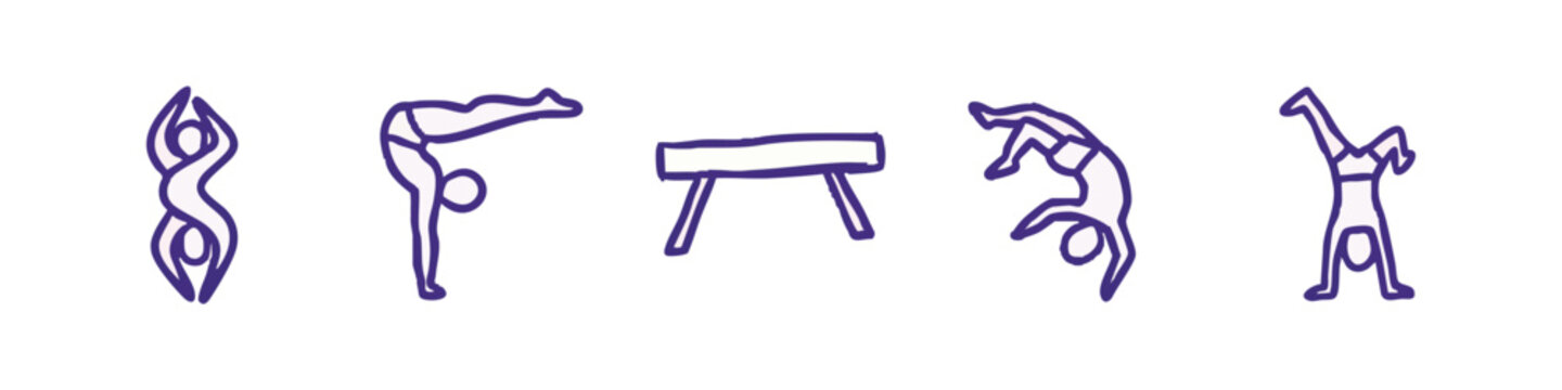 Hand-drawn gymnastics icons: pose, vault, flip, cartwheel