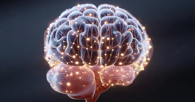 Medical illustration of a human brain with glowing neural networks. A glowing digital brain illustration displayed on a video thumbnail, symbolizing artificial intelligence, neural networks