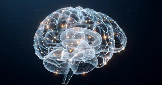 Medical illustration of a human brain with glowing neural networks. A glowing digital brain illustration displayed on a video thumbnail, symbolizing artificial intelligence, neural networks