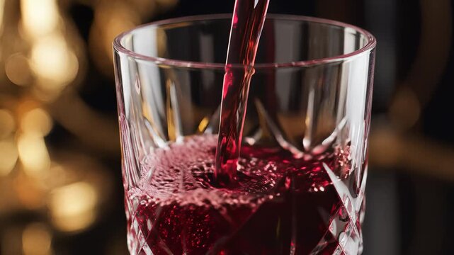 Red Wine Pouring into Crystal Glass Macro Shot