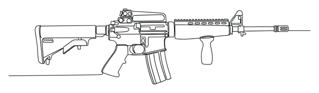 Minimalist single continuous line drawing of a modern tactical assault rifle weapon ideal for security and defense industry concepts.