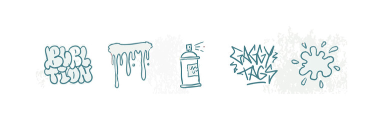 Urban Graffiti Icons Set Featuring Spray Can, Bubble Letters, Tags, and Paint Splashes © liubomir118809