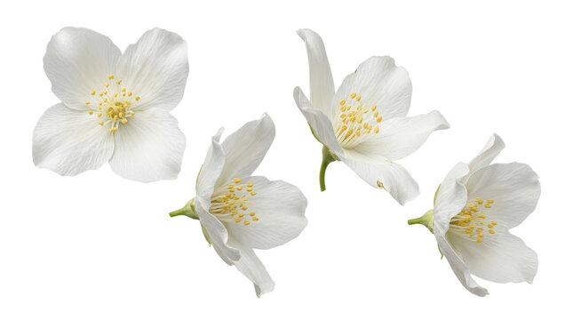 Fresh jasmine flowers with white petals and yellow stamens, blooming jasmine blossoms for aromatherapy, organic floral elements for beauty products isolated on Transparent Background