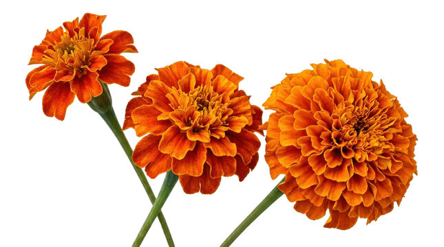Vibrant orange marigold flowers on green stems, blooming tagetes patula blossoms, fresh autumn floral arrangement for seasonal decoration isolated on Transparent Background