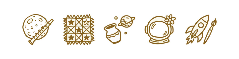 Space and Creativity Hand-Drawn Icon Set with Rocket, Planet, and Astronaut © liubomir118809