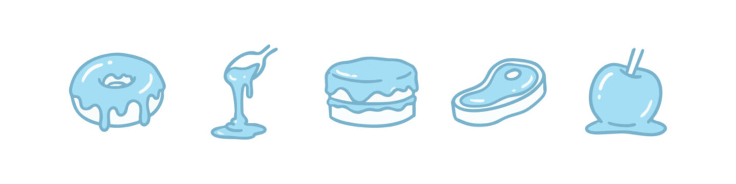 Cute Blue Food Icon Set with Donut Cake Steak and Candy Apple