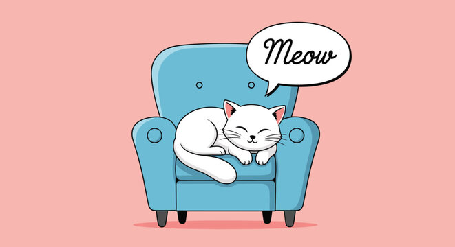 Relaxed white cat sleeping soundly on a comfy blue armchair with a speech bubble saying Meow on a soft pink background.