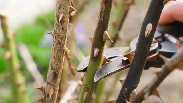 Cutting frost-damaged rose branch with secateurs close-up slow motion