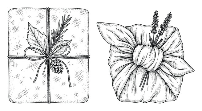 Elegant line art gifts wrapped with botanical elements ideal for festive season packaging and graphic assets.