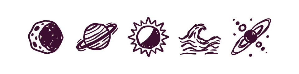 Collection of hand drawn celestial and natural icons including planets, sun, and ocean waves © liubomir118809