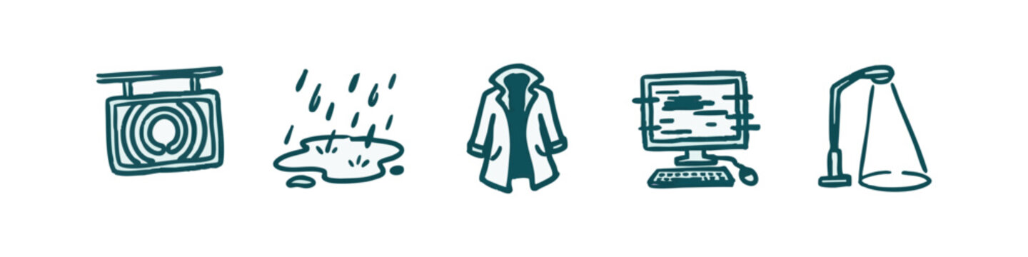 Set of hand drawn urban and street life icons including a street lamp and rain puddle