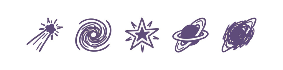 Purple Hand Drawn Space and Cosmos Icons with Galaxy Comet Star and Planet © liubomir118809
