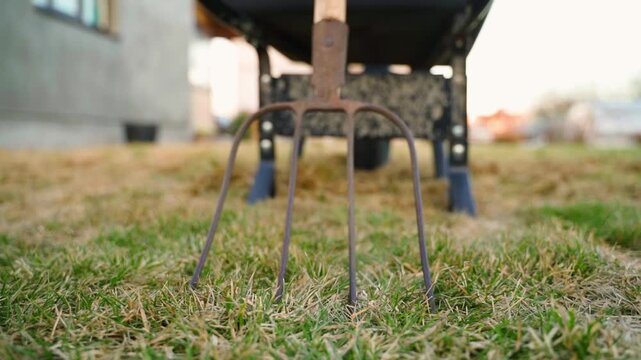 Low angle view of rusty pitchfork and wheelbarrow on grass in rural backyard