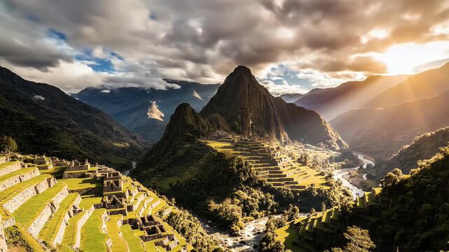 A breathtaking panoramic view showcases the iconic Machu Picchu, nestled amidst the Andes Mountains, with its intricate terraced landscapes bathed in sunlight.