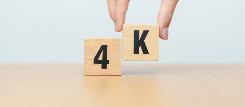  wooden block of 4K, display resolution, Ultra High Definition, UHD, pixels, Technology, network, TV streaming, Social media and digital concepts