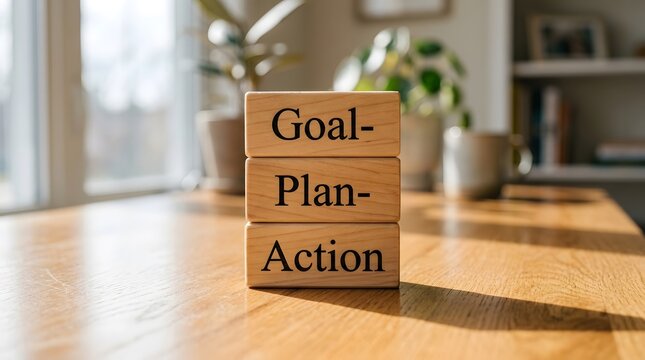 Wooden blocks stacked on a table spelling out 'Goal-Plan-Action' for strategic thinking and personal development.