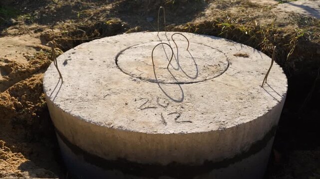 Concrete well cover with manhole installed in excavation pit at construction site