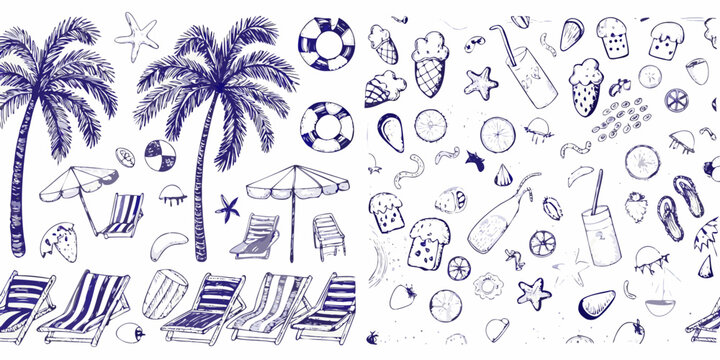 Hand drawn summer doodles featuring beach elements and tropical vacation items