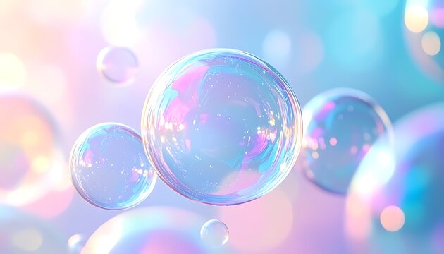 Iridescent bubbles float in pastel-colored gradient background