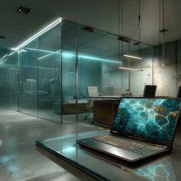 Futuristic sleek laptop with vibrant abstract wallpaper on designer glass desk featuring soft neon blue ambient lighting and bezel less screen.