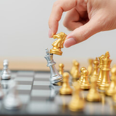 hand moving gold Chess knight figure and Checkmate opponent during chessboard competition. Strategy, Success, management, business planning, win, disruption, Trade war and leadership concept © Jo Panuwat D