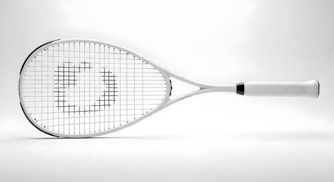 White tennis racket with black strings on a plain background for sports equipment advertising and tennis player gear