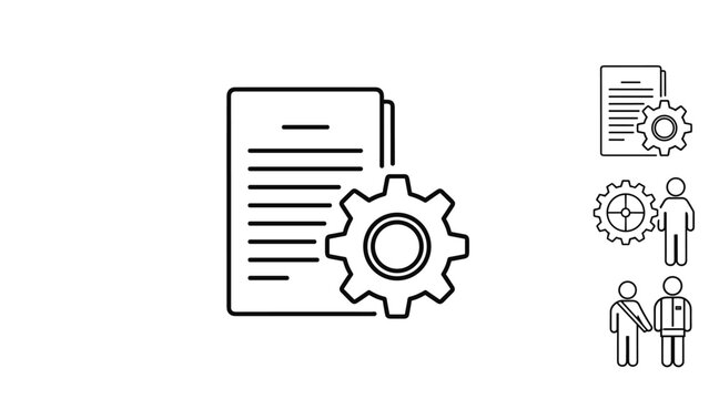 Simple line icon of a document paper with a cogwheel gear representing file management and technical configuration settings.