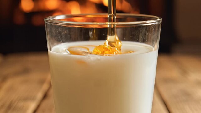 Pouring Golden Honey into a Glass of Milk by Cozy Fireplace