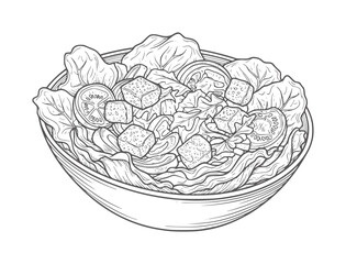 Fototapeta premium Hand drawn salad with lettuce tomato and croutons in a bowl