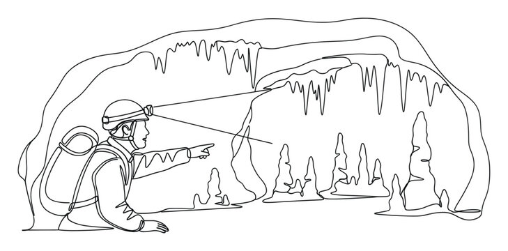 Continuous line drawing of a speleologist with a headlamp exploring a subterranean cave pointing at natural rock formations perfect for adventure tourism and educational content