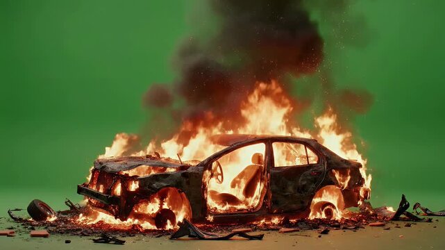 A severely damaged and burning car sits engulfed in flames against a vibrant green screen background, creating a dramatic and intense visual.
