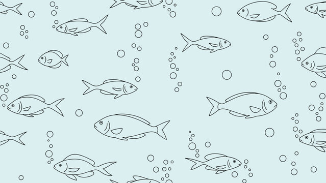 Minimalist seamless pattern featuring small fish swimming among bubbles on a light blue background creating a calm ocean scene.