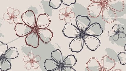 Obraz premium Sketchy floral pattern featuring hand drawn flowers in dark grey and maroon over light grey textured abstract shapes.