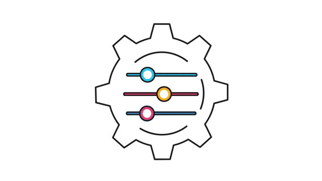 Colorful settings icon featuring a white gear outline with three horizontal sliders and circular control buttons inside.