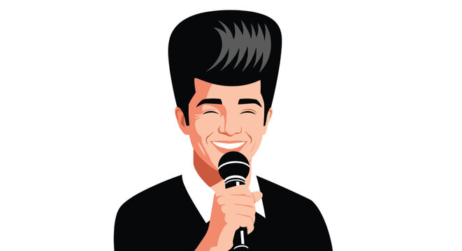 Smiling man with a high pompadour hairstyle singing into a black microphone against a solid white background.