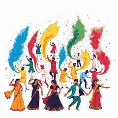 Fototapeta premium Indian People Celebrating Holi Festival with Joyful Dancing, Colorful Powder, and Confetti