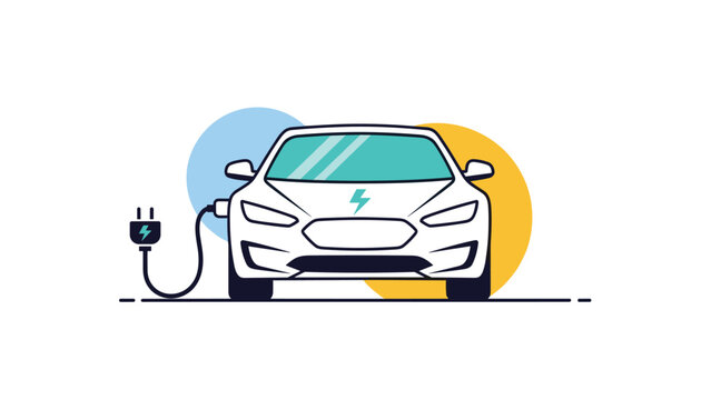 White electric vehicle being charged with a plug connected to its side against a blue and yellow circular background.