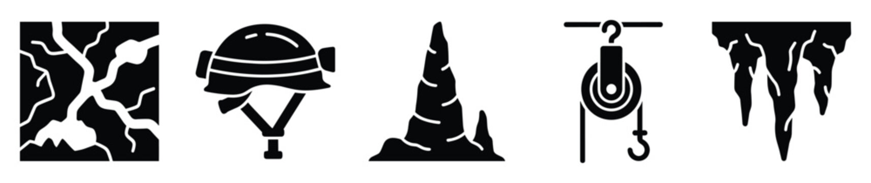 Speleology and caving adventure equipment icons with cave formations for extreme sports and underground exploration visuals