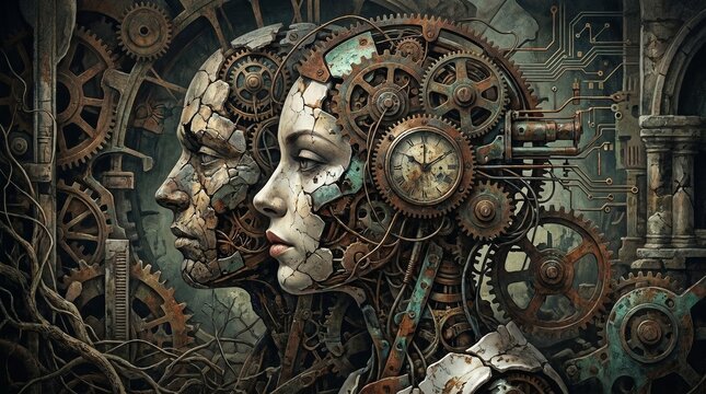A detailed, intricate steampunk-inspired artwork featuring two human profiles constructed from gears, clockwork, and mechanical components, set against a complex machinery background.
