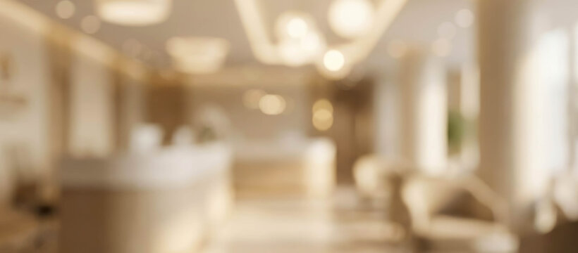 A blurred interior of a modern and elegant reception area, featuring soft lighting, neutral colors, and stylish furniture, creating a welcoming atmosphere.