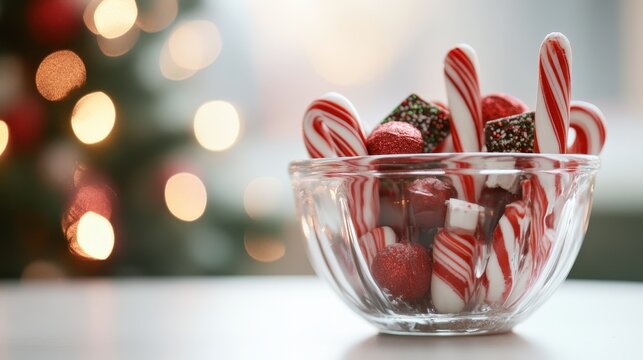 A clear glass bowl filled with assorted Christmas candies and peppermint canes, set against a soft, festive bokeh background