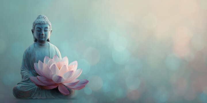 Buddha Statue and Pink Lotus Flower on a pastel background, copy space