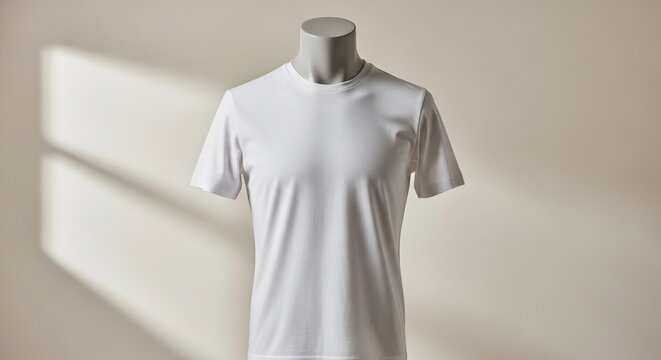 Minimalist white t-shirt on headless mannequin, soft light, clean background, garment display, studio shot, apparel presentation.