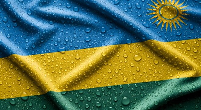Close-up of the national flag of Rwanda, featuring its blue, yellow, and green stripes with a yellow sun, all covered in glistening water droplets.