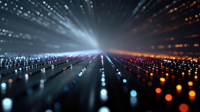 Abstract digital data flow with glowing blue and orange light particles moving along parallel lines in a futuristic cybernetic network environment technology concept