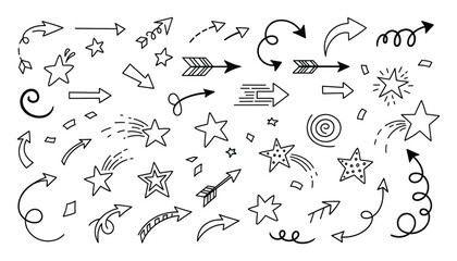 Naklejka premium Collection of various black hand drawn doodle arrows and stars for design projects and visual communication