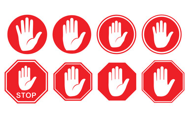 Fototapeta premium WebStop Hand Sign Icon Set – Red Do Not Enter Warning Symbols with White Hand Vector Illustration