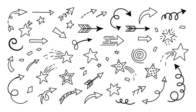 Collection of various black hand drawn doodle arrows and stars for design projects and visual communication