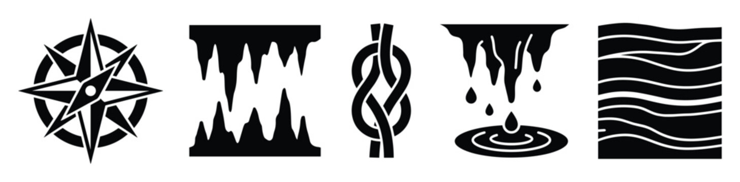 Explorer adventure themed icons depicting compass rose icicles knot dripping water and wavy layers for graphic projects