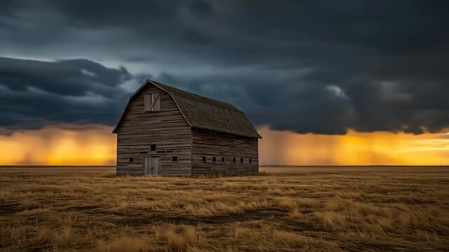 Abandoned barn in dry field with dramatic sky, vivid golden hue on horizon, rustic charm